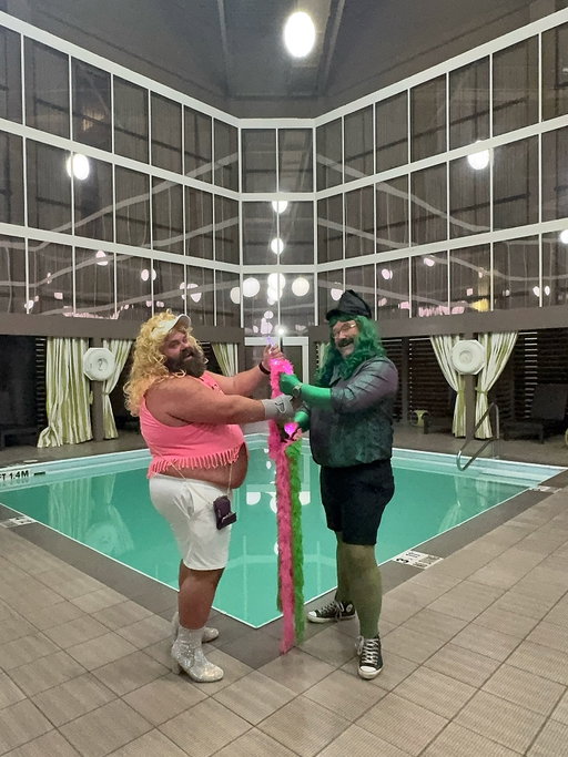 🎃 Good Witch - Bad Decisions: 
Wicked Halloween meets Midlife Crisis 🧙‍♀️💅
Glenn… … … ‘Duh! ✨ &
Alfons-aba… looking rough 😈
Still fighting like sisters. Still bitching like witches.
Welcome to “Wicked – Not For Good.” 💚🖤
They used to be Popular!
#DownTheWitchesRoad
#Halloween #Wicked 
#WickedNotForGood #HalloweenCouple #GayWitches #WickedParody #ForGoodish #Popular #QueerCostumes