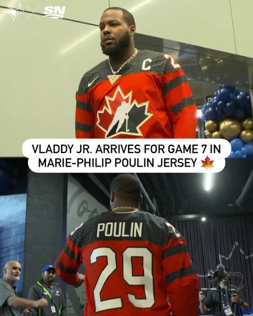 Vladimir Guerrero Jr. pulled up in a Marie-Philip Poulin Team Canada jersey for Game 7 🇨🇦