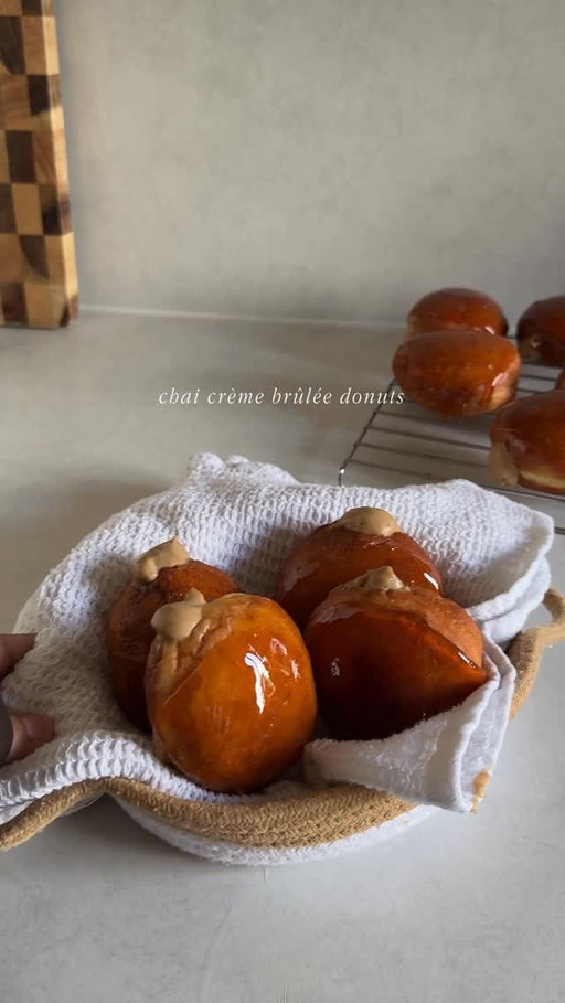 Chai Crème Brûlée Donut Recipe🤎🧸

Ingredients
Chai custard:
500ml whole milk, 
50g granulated sugar, 
2 tea bags, 
4 cloves, 
3 cardamom pods
1 cinnamon stick,
1 bay leaf,
4 egg yolks, 
2tsp vanilla extract,
125mlwhole milk,
1.5tbsp corn flour/corn starch, 
20g Unsalted butter,

Donut:
60g granulated sugar,
250ml whole milk,
1 egg,
1.5tsp instant yeast,
410g plain flour or all purpose flour,
40g softened unsalted butter

Hard sugar:
200g granulated sugar,
60ml water

It’s a lengthy process so stay with me;

For the custard:

1. Start by combining egg yolks, milk (125ml), vanilla extract, and cornflour.
2. Crush your spices a bit so that you get more flavor from them. 
3. To the saucepan add in your milk (500ml), chai, spices and let it simmer until the color has darkened. 
4. Strain it then add it back to the pan, and slowly add in your egg mixture. Stir carefully on low to medium heat until thickened. 
5. Once thickened, add in your butter. 
6. Set aside to cool or cover and put it in the fridge. 

For the dough:
1. Combine milk, egg, yeast and sugar, cover and let it sit for 10 minutes. 
2. Add in your flour and mix until almost combined
3. Add in butter and mix well until the dough becomes soft. 
4. Cover and let it sit until doubled in size
5. Once doubled, roll out, use your cookie cutter and cut the donuts until all the dough is finished. 
6. Let sit for 20 minutes 
7. Fry for about 2 minutes on each side or until golden brown. 
8. Add custard to the piping bag 
9. Add a small, but deep incision into the top of the donut, then add your custard to the inside. 

For the sugar:
1. Add in your sugar and water but don’t mix. 
2. Let it bubble until it becomes thick and golden brown,
3. Lower heat and carefully dip the donuts into the sugar
4. Set aside for 5 minutes to let them harden 

Enjoy🫶🏼

#fyp #dessert #DessertLover #SweetTooth #HomemadeDesserts #BakingInspo #DessertGoals #FoodieGram #CozyBakes #SweetCravings #BakersOfInstagram #DessertPhotography #BakingTherapy #InstaDesserts #bakery #baking #homemade