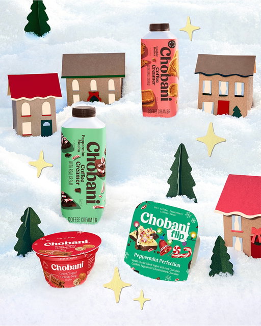It’s that time of year. There’s magic in the air, the streets are all aglow, and there’s a Chobani holiday flavor for everyone you know. Find your new festive favorite 🎁
 
⛄ Holiday Nog Greek Yogurt
❄️ Peppermint Perfection Flip®
☕ Peppermint Mocha Coffee Creamer
🍪 Cookie Butter Coffee Creamer