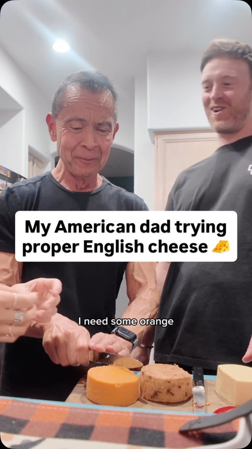 Alex’s proud face during this video 🥹 We brought @bowes_dairy_produce cheese all the way back to Arizona so dad could try some proper English cheese! That flamin’ ‘eck nearly took us all out 🤣🥵

#tayandalex #tastetest #americandad