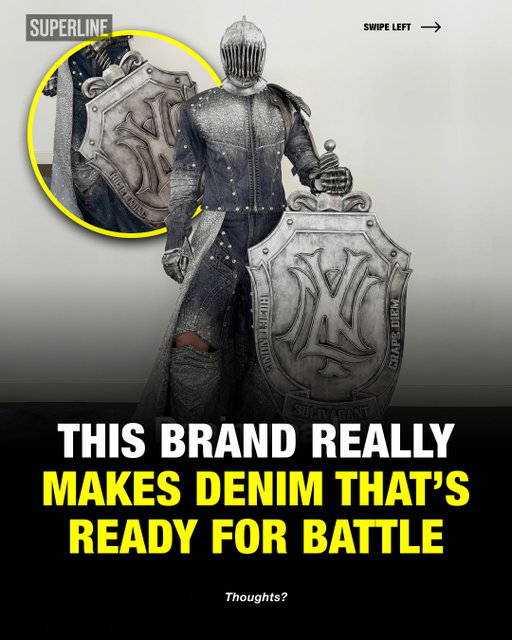 Founded in Beijing by Tim Shi and Wei Wang in 2016 @marrknull_official recently put out one of the craziest denim two sets of all time.⁠
⁠
A full on Armor made from denim as a one of one custom for Liu Yuning to wear at a show.⁠
Making him look like a character straight out of the Middle Ages, including a long cape, rhinestones all over the set and intricate pattern design.⁠
⁠
via @marrknull_official