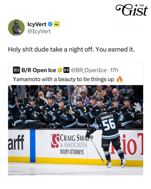 Big week for dudes named Yamamoto. 🏒⚾⁣
⁣
Kailer Yamamoto – not to be confused with Los Angeles Dodgers and World Series MVP Yoshinobu Yamamoto – scored his first goal of the season with the Utah Mammoth over the weekend. 🏒⁣
⁣
No, they're not related. 😅 #thegist ⁣
⁣
#menssports #hockey #utahmmamoth #nhl
