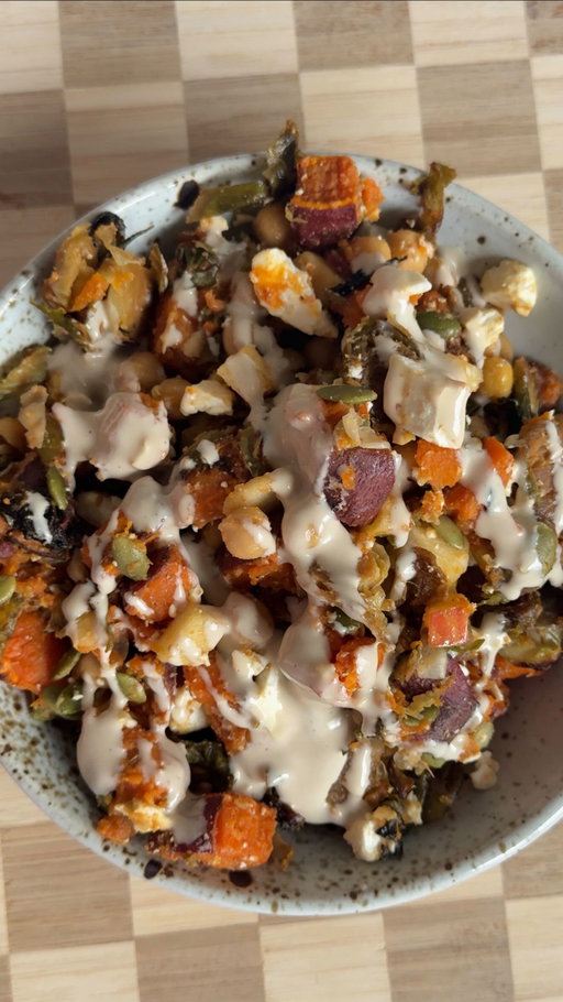 Warm sweet potato and brussel sprout salad! I make this every year and it never fails.

Guys I really don’t measure anything but here’s a rough estimate of what you’ll need:

Ingredients
3 sweet potatoes cubed (roasted at 450F until crispy) 
2 bags shaved brussel sprouts (roasted at 450F until crispy)
Olive oil cooking spray, Salt, garlic powder, onion powder (seasoning for sweet potatoes and Brussels) 
Coconut aminos and Maple syrup (for brussel sprouts)
1 can chickpeas
1 small chopped apple
Feta cheese
Pumpkin seeds
Dressing:
1/4 cup tahini 
2 tbsp Dijon mustard
2 tbsp maple syrup
2 tbsp lemon juice
Salt to taste
Warm water to thin to desired consistency (adjust sweetness if needed as you go) 

#healthyrecipes #thanksgivingdinner #saladrecipe #salad #easyrecipes