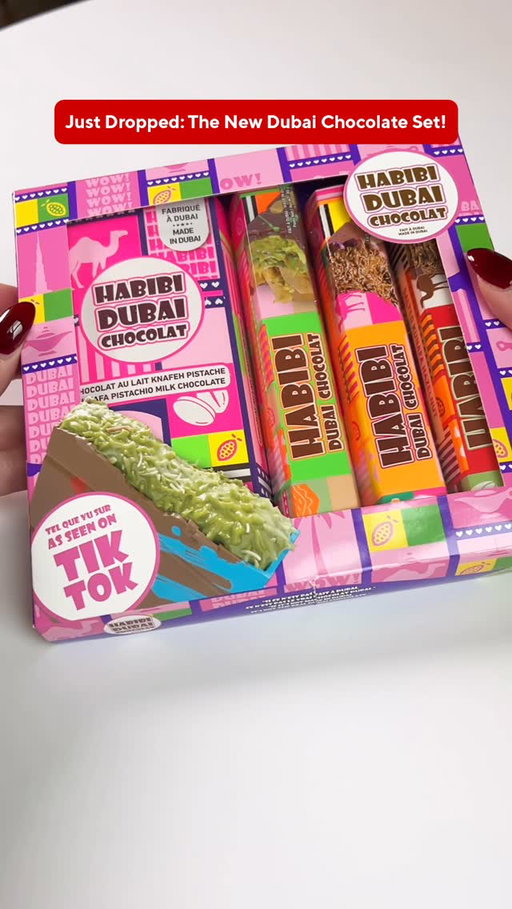 Just dropped: the NEW Dubai Chocolate Set 🍫✨
 
Your holiday gifting just got sweeter. 

What’s Inside: 1 full-size original Kunafa Pistachio milk chocolate bar + 3 single bar delights, including the brand-new Salted Kunafa Hazelnut flavour 😍