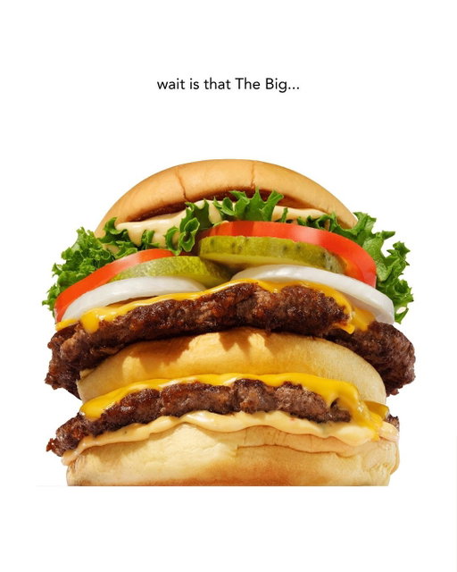 Sounds familiar, made different. 

Introducing The Big Shack—two quarter-pound*, 100% Angus beef patties made to order, topped with secret sauce, green leaf lettuce, American cheese, pickles, tomatoes, and onions on a three-layer toasted potato bun (say that three times fast). 

*Approximate weight per patty is 4oz before cooking