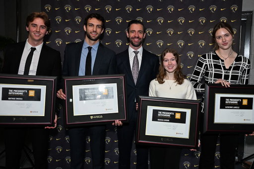 📚 PRESIDENT ACADEMIC HONOUR ROLL - TOP 4📚

Huge congratulations to these outstanding student-athletes for their academic excellence! 

Rebecca Brown (@wloofigureskating, Arts - 95.8%), Liam Fedak (@wloomhky, Science - 96.9%), Katherine Langille (@wloosquash, Engineering - 95.3%) and Matt Onuska (@wloomhky, Health - 96.7%), have all earned the prestigious Fairfax Financial Award. 

#GoBlackGoGold