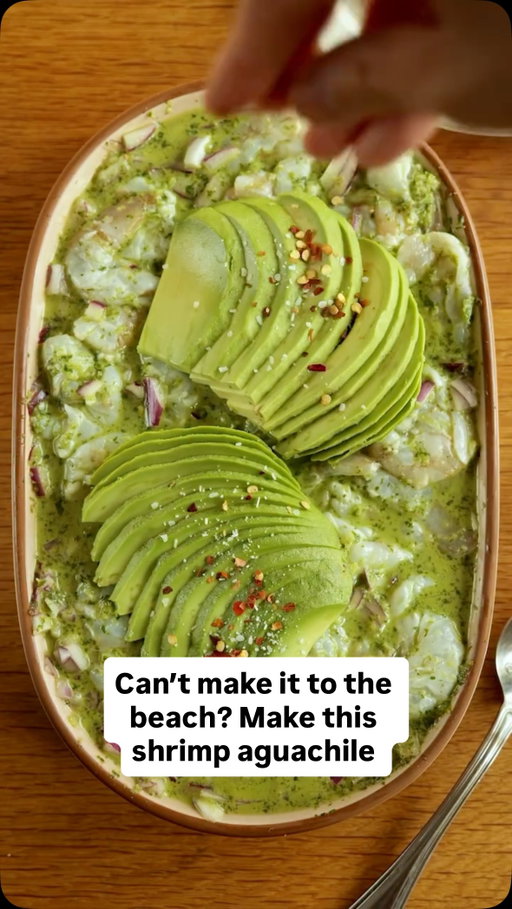 Here’s how to make @kristinafelixdelano’s Shrimp Aguachile:

• 1 pound medium shrimp, peeled, deveined, and cut in half lengthwise (see Tip)
• ¼ red onion, cut into small dice
• Fine sea salt
• 2 to 3 serrano chiles, stems and seeds removed, chopped
• ½ cup fresh lime juice (from 5 to 6 limes)
• 1 packed cup cilantro leaves and tender stems
• 1 tablespoon avocado oil or other vegetable oil
• 1 ripe Hass avocado
• Crushed red pepper, optional
• 5 tostadas, broken into quarters (or use tortilla chips)

Place shrimp and red onion on a serving platter and sprinkle with ½ teaspoon salt. Toss to combine and spread in one layer.

In a blender, combine chiles, lime juice, cilantro, oil and 1 teaspoon salt, and pulse until cilantro is broken into tiny pieces. Pour over the shrimp and red onion, toss to coat and spread in one layer.

Cut avocado in half lengthwise, remove the pit, and then peel. Lay each avocado half cut-side down on a work surface and thinly slice lengthwise. Transfer to a serving plate, keeping the slices together so they’re easy to move. Fan out the avocado down the middle of the plate to create a row of avocado on top of the shrimp. Sprinkle the avocado with ½ teaspoon salt and crushed red pepper, if using.

Serve immediately with tostadas so that diners can assemble their own bites.

Tips:
While fresh-from-the-ocean shrimp is ideal, you can create incredible aguachile at home using high-quality frozen shrimp. In fact, properly thawed frozen shrimp often outshines what’s sitting in the seafood case, since most “fresh” shrimp has been previously frozen anyway — and by thawing it yourself, you ensure it’s at peak freshness.

To thaw frozen shrimp, place them in a bowl of cold water and check after 15 minutes. Change the water if the shrimp are still frozen and allow to sit for another 10 minutes. Drain and rinse.