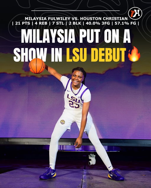 MiLaysia Fulwiley went crazy tonight in her first official game at LSU! 👀🔥

▪️21 PTS
▪️4 REB
▪️7 STL
▪️2 BLK
▪️40.0% 3FG
▪️57.1% FG

LSU defeated Houston Christian, 108-55.

(🤳 : lsuwbkb )