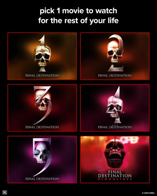 you get to be death this time. which movie are you picking?🩸

🎥: Final Destination, Final Destination 2, Final Destination 3, The Final Destination, Final Destination 5, Final Destination: Bloodlines