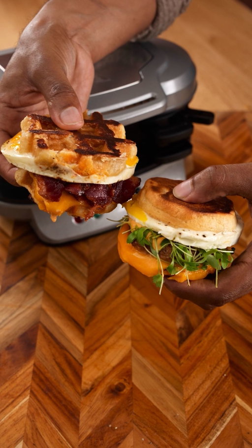 Breakfast just got way easier. Made these two fire breakfast sandwiches using the @hamiltonbeach Dual Breakfast Sandwich Maker one with pimento cheese & beef bacon on waffles, and the other a spicy sriracha biscuit moment, quick, crispy, melty perfection. Recipe below #ad  #hamiltonbeach 

Pimento Cheese, Egg & Beef Bacon Waffle Sandwich
Ingredients (makes 1 sandwich):
2 mini Belgian waffles (pre-made)
2 slices cooked beef bacon
1 large egg
½ tsp chili oil
2 tbsp creamy pimento cheese (recipe below)

To make the pimento cheese:
 In a bowl, combine 2 cups freshly grated extra-sharp cheddar, 4 oz softened cream cheese, 4 oz drained pimento peppers, 3 tbsp mayonnaise, 1 tsp garlic powder, ¼ tsp cayenne, 1 tbsp Worcestershire sauce, minced jalapeño, and salt to taste. Blend until creamy with some texture.
Assembly (in the sandwich maker):
1.Place the bottom waffle on the lower plate, then layer with pimento cheese and crispy beef bacon.
2.Lower the middle plate and crack in 1 egg. Drizzle ½ tsp chili oil over the egg and lightly season with salt and pepper.
3.Top with the second waffle and close the lid.
4.Cook for 4–5 minutes, or until the egg is fully set and the cheese is melty.
5.Serve warm. It’s cheesy, spicy, and perfectly crisp on the edges.

Turkey Sausage, Egg & Cheese Sriracha Biscuit Sandwich
Ingredients (makes 1 sandwich):
1 pre-baked biscuit (split in half)
1 cooked turkey sausage patty
1 large egg
1 slice sharp cheddar cheese
1 tbsp Sriracha aioli (1 tbsp mayo + ½ tsp Sriracha)
Small handful of microgreens

Assembly (in the sandwich maker):
1.Place the bottom biscuit half on the lower plate, then layer with Sriracha aioli, turkey sausage, and cheddar cheese.
2.Lower the middle plate and crack in 1 egg. Season lightly with salt and pepper.
3.Add the top biscuit half and close the lid.
4.Cook for 4–5 minutes, or until the egg is cooked through and the cheese has melted.
5.Open carefully and finish with a handful of microgreens before serving.
