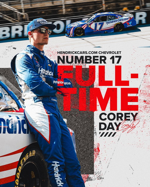 The next generation is here! @corey_day_ is officially joining Hendrick Motorsports full-time in 2026, driving the No. 17 @hendrickcars Chevrolet. 

Read more at the link in bio.