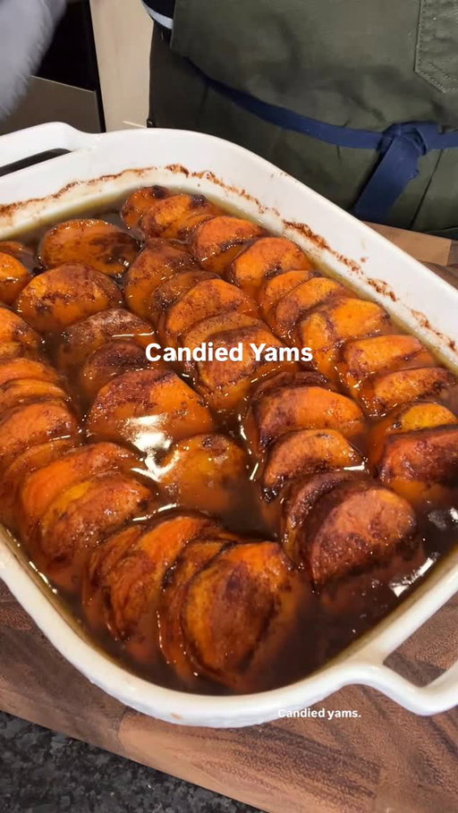 Candied Yams. 
3 lbs sweet potatoes 
Dark brown sugar 
Granulated sugar 
Maple syrup 
Zest 1 medium lemon (juice from 1/2 the lemon)
1 stick salted butter 
Ground cinnamon 
Vanilla Extract 
#thanksgivingrecipes #candiedyams #easyrecipe #food