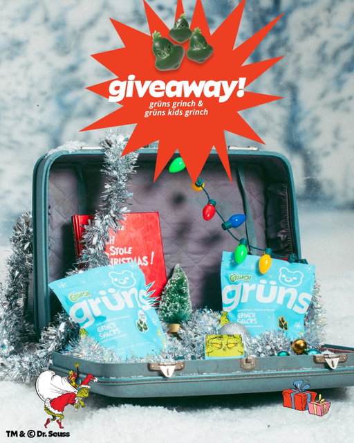 🎄GIVEAWAY ALERT🎄Something limited-edition slid down the chimbley and we’re sending it to two lucky Whos:

 2 bags of our new Grinch Snacks: Grinch Punch (for you)
 2 bags of our new Grüns Kids: Grinch Punch (for the little Whos)

Here's how you can enter:
🎄Follow @grunsdaily and @grunskids
❄️Like this post and tag two of your favorite Whos (two friends)
🎁Share this post to your story and tag us! 

No purchase necessary to enter. Entries are based upon instructions listed in the post. Giveaway begins at 10:00AM PST on November 7th, 2025 and ends on November 14th, 2025 at 9:30AM PST. Entrants must be over the age of 18 and a legal resident of the United States. This giveaway is not sponsored or affiliated with Instagram. Sponsor: Grüns Nutrition Inc.,