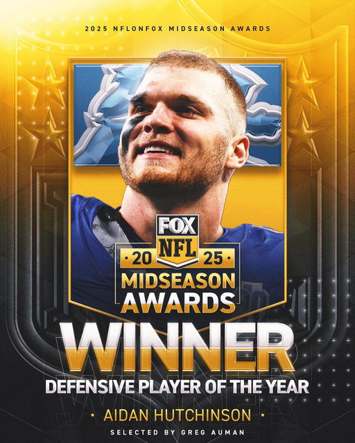 Our 2025 Midseason Defensive Player of the Year: @detroitlionsnfl DE @aidanhutch97! Check our IG story for all Midseason winners!
