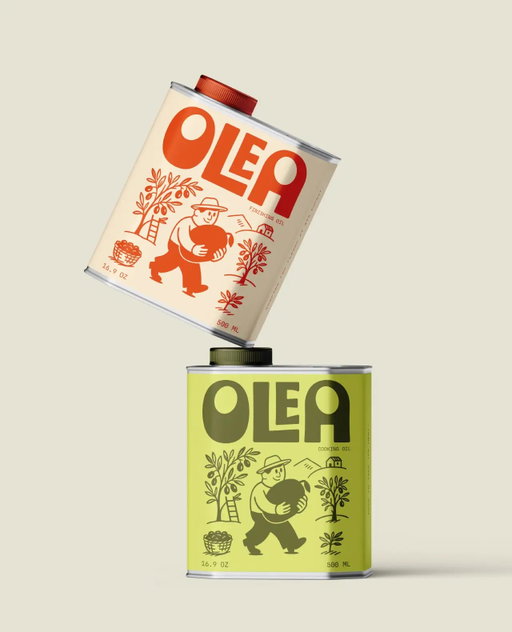 Olea’s packaging, designed by Ali Arshad, keeps olive oil fun and lighthearted. The sturdy tin cans feature oversized blocky type paired with cheerful illustrations of a farmer mid-harvest, giving the brand an instantly recognizable personality. Each SKU leans on a tight, earthy color palette and rust for finishing oil, green for cooking oil.⁠
⁠
Link in bio for the full article. #design #branding #linkinbio #graphicdesign #packagingdesign #thedieline #dieline #packaging