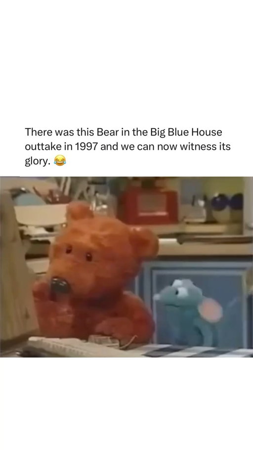 My adult self really needed to see this 😂

Bear in the Big Blue House was one of those shows that felt like a warm hug. Bear lived in a cozy blue house with his friends—Tutter, Ojo, Treelo, Pip, and Pop—and every episode taught something simple but meaningful, like friendship, curiosity, or working through emotions. It wasn’t loud or chaotic like most kids’ shows today—it was calm and comforting.

One of the most iconic parts of the show was Bear greeting the audience by sniffing the screen, like he could actually smell us through the TV. It sounds silly now, but as kids, it felt like he saw us. And every episode had music that wasn’t just catchy—it genuinely made you feel safe and understood.

And of course, the ending might be the most memorable. Bear would talk to Luna, the moon, reflecting on the day with a peaceful song that always felt like closure. Even after all these years, the show still hits emotionally. It was gentle, positive, and full of heart—no wonder it lives rent-free in our nostalgia