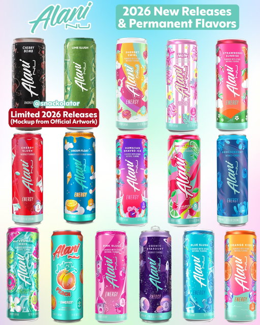 Alani Nu is about about to ring 2026 in with a bang, adding two new limited flavors along with a menu of 14 permanent ones!

Dropping in January is the new Cherry Bomb flavor and then in February will be a new Lime Slush variety. (Note: these are mockups of the artwork so they're close, but not exact)

Then the permanent lineup adds some returning favorites among the 14 flavors:

-Cotton Candy
-Strawberry Sunrise
-Sherbet Swirl
-Juicy Peach
-Breezeberry
-Pink Slush
-Cherry Slush
-Orange Kiss
-Cosmic Stardust
-Dream Float

The permanent flavors joining the lineup have been spotted already, but I am not sure how long it will take for them to be available regularly nationwide.

Are you excited for the new flavors or the flavors joining the permanent lineup?

.

.

.

.

#alaninu #energydrink #energydrinks