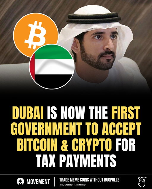 Dubai announced it will begin accepting Bitcoin and other major cryptocurrencies for property and tax payments through its official payment portal.

The system integrates blockchain-based settlement rails to convert crypto into dirhams instantly at the point of payment.

This makes Dubai the first government globally to recognize digital assets as valid instruments for public finance.

Download the Movement Market app in my bio and start trading memecoins 🚀