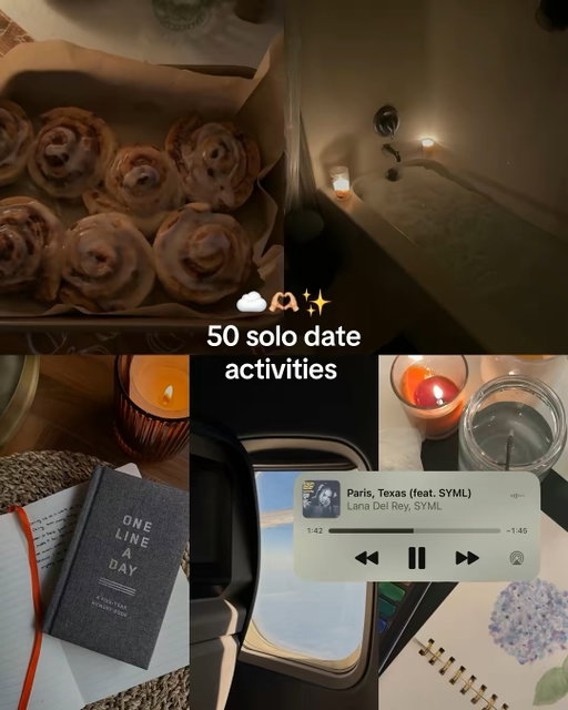 If you’ve been craving a little time to yourself, this is your sign to have a solo date. 💌

I put together 50 ideas - some simple and cozy, some adventurous and high energy - for when you just want to reconnect with you. 

Save this for later 💕

#selfcare #comfortcreator #cozyhobbies #cozyaesthetic #cozyhome #homebody #stayinghome #slowliving #solodates #livingalone