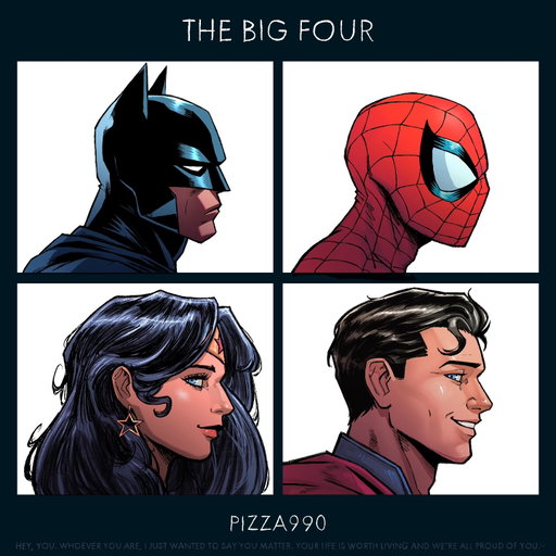 The Big Four

This artwork is based on the album cover of "Demon Days" by Gorillaz!

#batman #spiderman #wonderwoman #superman #fanart