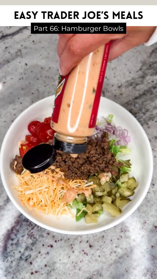 Easy Trader Joe’s meals part 66: hamburger bowls. Save this post for later! 

Here’s what you need:
• 1 pound of ground beef
• lettuce
• tomato
• red onion 
• pickles
• shredded cheddar cheese
• TJs Magnifisauce
• TJs ghost pepper chips (optional to crunch on top)
• salt, pepper, garlic powder, paprika, onion powder and brown sugar to season the ground beef 

Here’s what I did:
• cook the ground beef in a pan and season with salt, pepper, garlic powder, paprika, onion powder and brown sugar 
• chop the lettuce, tomato, red onion and pickle
• assemble the bowls - start with lettuce and layer on the tomato, red onion, pickle and shredded cheddar cheese. Top with the ground beef. Drizzle on the Magnifisauce and crunch the ghost pepper chips over the top 

Enjoy and follow for more!

#traderjoesfinds #traderjoesrecipes #traderjoeslist #traderjoeshaul #dinnerfortwo #easydinners #easydinnerideas #easydinner