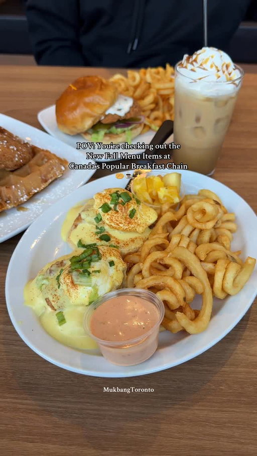 @stackedpancake 
📍All across Canada

* Fried Chicken Benedict $16.99 | Crispy fried chicken on a toasted English muffin, topped with spicy mayo & hollandaise sauce, finished with green onions. Served with golden curly fries & house made dipping sauce. 
* Fried Chicken Sandwich $16.99 | Crispy fried chicken with pickles, shredded lettuce, red onion, topped with creamy buttermilk dill ranch on a toasted bun. Served with curly fries.
* Traditional Chicken & Waffles $16.99 | Fried chicken served on a golden waffle, drizzled with real Canadian maple syrup.
* Pumpkin Caramel Latte $5.99 | Pumpkin Caramel Latte made with espresso, milk, pumpkin & caramel syrup, topped with whip cream & a sprinkle of cinnamon. This fall favourite can be served hot or iced.

#ad They just launched their new Fall LTO menu items — Pumpkin Caramel Latte, Traditional Chicken & Waffles, Fried Chicken Benedict, and Fried Chicken Sandwich! These will only be available until November 30🥞

🍩 toronto restaurants, toronto food, toronto life, toronto foodie, toronto things to do, toronto weekend, toronto date ideas, toronto brunch, toronto coffee shops, toronto date night, toronto dinner spots, toronto patio, toronto influencer, toronto content creator, toronto beauty, toronto life style, toronto trip, toronto happy hour