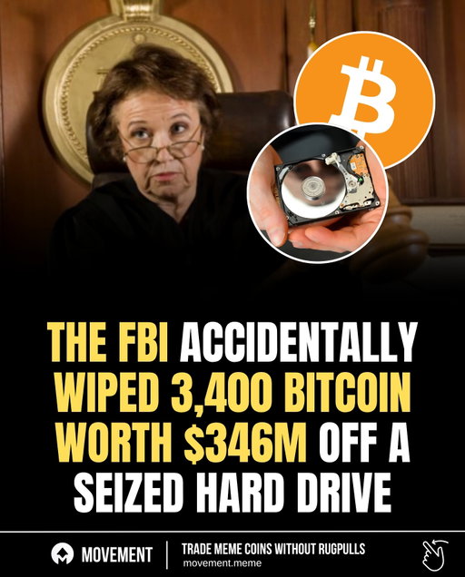 According to leaked internal documents, the FBI inadvertently erased a storage drive containing 3,400 BTC seized in a criminal investigation.

The incident reportedly occurred during an evidence-transfer process involving outdated encryption software.

Officials said the agency is reviewing data-preservation protocols after one of the costliest operational errors in its history.

Download the Movement Market app in my bio and start trading memecoins 🚀