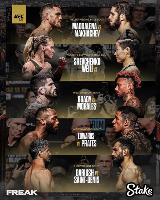 ⚡️Follow @freak.mma for more UFC content! 

IT’S FIIIIIIIIIIIIIGHT  WEEEEEEEEEEEK!!! 

#UFC322 is finally here and it’s shaping up to be one of the most stacked cards of the year.

Champions. Contenders. Superfights. Every fight promises pure chaos inside the Octagon. 👊

In the main event, Jack Della Maddalena takes on Islam Makhachev for the welterweight championship.
And in the co-main event, Valentina Shevchenko defends her flyweight title against Zhang Weili in a blockbuster matchup.

🏆🏆 Two titles on the line. One historic night.