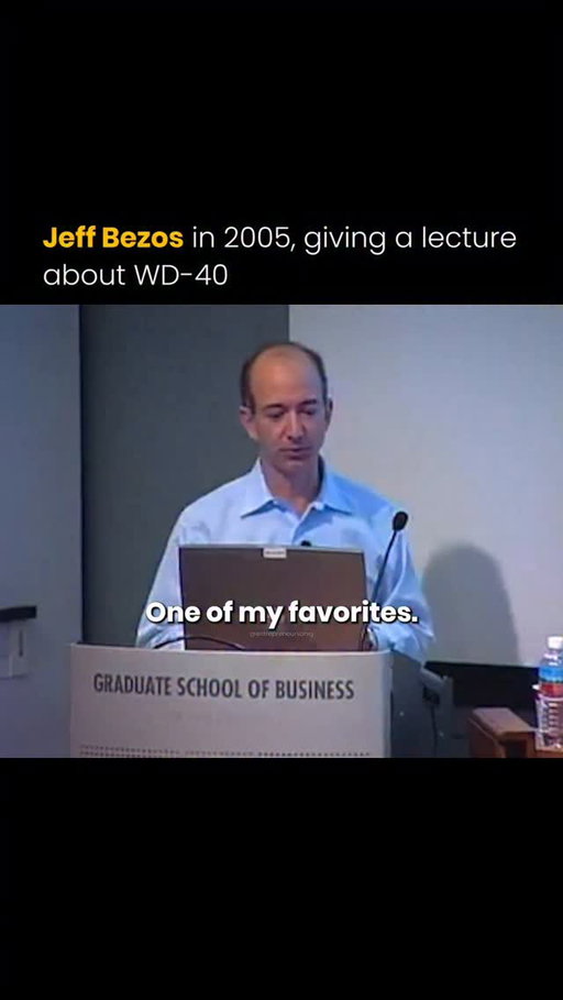 In 2005, Jeff Bezos gave a talk at the Stanford Graduate School of Business’s Entrepreneurship Conference in which he used the story of WD‑40 to illustrate how innovation and business strategy work.

The WD‑40 story showed how spotting an ordinary problem, such as rust, the cost of rocket coating, or a narrow market, can lead to a useful product and a broader business.

For anyone in business, the takeaway is: don’t just solve a niche technical problem and stop. 

Once you find a solution, ask whether the market is big enough, whether you need to pivot, and whether you can make the product useful in everyday life.

Follow us (@entrepreneursonig) for everything related to entrepreneurs.

Media: Stanford