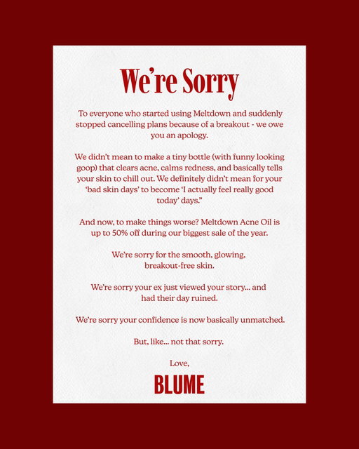 We may have missed the mark on this one... ⁠
⁠
Clear your skin and get your confidence back - now with up to 50% off during our biggest sale of the year, only at blume.com. 🤝♥️