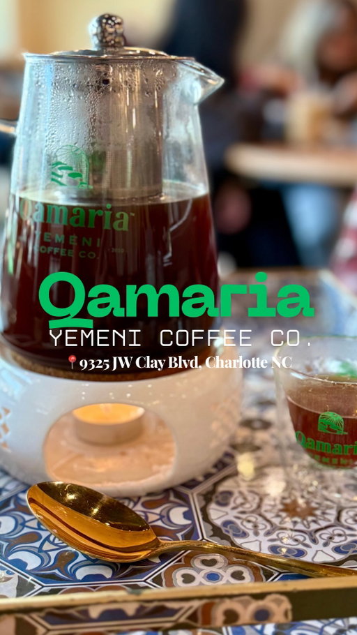⁉️If you’re ever wondering what Yemeni coffee 🫖☕️is like just know that there’s a single origin and a single lot which means the beans are harvested and packaged from single farms and uniquely roasted for the most optimum flavor possible. There’s a unique blend of warm spices and herbs and the flavor comes through so delicately.
At Qamaria, you can be assured that the coffee you’re drinking is the highest quality and also sustainably sourced🌏.

✨We tried :
🫖Sana’a Kettle- medium roast coffee with cardamom, ginger and cinnamon
🥭Mango dragonfruit refresher 
🍓Iced strawberry Matcha latte 
🌈Rainbow red velvet cake 
🐝🍯Bee bites pastry- bread, pastry filled with cream cheese and drizzled with honey and sesame seeds

✨Pro tip- free parking in the parking deck🅿️
✨Pro tip #2- open late and located right off the JW Clay Blvd stop🚉

📲 @qamariacoffee_clt 
📍9325 JW Clay Blvd. Suite 223, Charlotte NC
📞(980)430-1111
🕐Sunday-Thursday 7am-11pm
🕐Friday 7am-1am
🕐Saturday 8am-1am

#qamaria #yemenicoffee #qamariacoffee #coffeeshop #pastries #latte #kettle #cake #charlotte #charlottenc #charlottecoffeeshop #charlottecoffee #charlottecoffeecommunity #cltcoffee  #cltcoffeecommunity #cltfoodanddrinks #cltguide #foodie