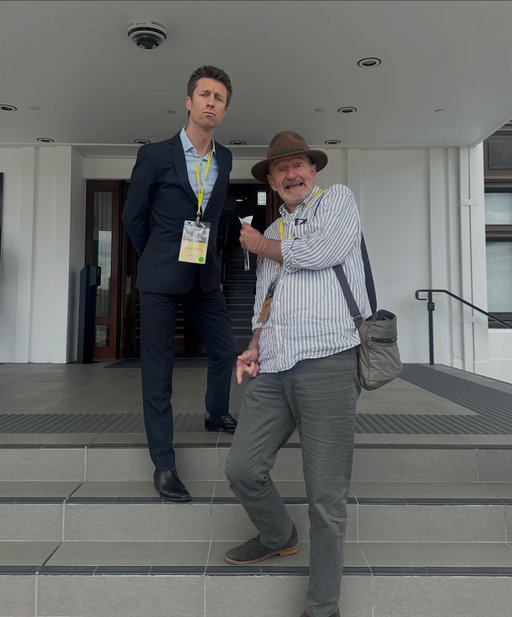 Well may we say ... me doing my best Gough impression with the one and only Norman Gunston (aka Garry McDonald) on the steps of Old Parliament House.