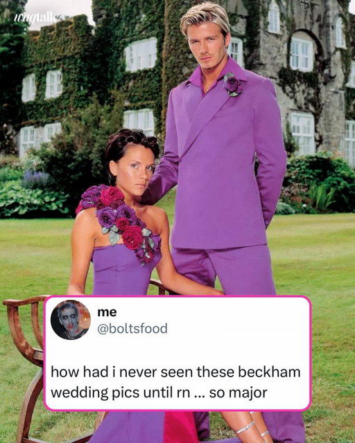 Over 25 years ago, Victora and David Beckham wore purple wedding outfits 💜 (h/t boltsfood/X) 

#thebeckhams #victoriabeckham #davidbeckham #couplegoals #wedding