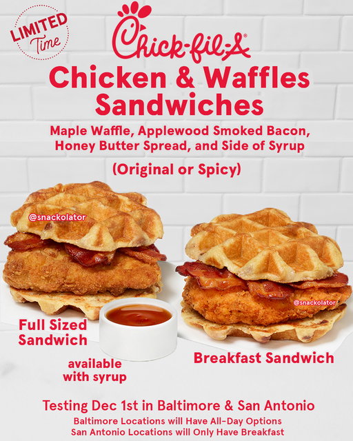 Chicken & Waffles at Chick-fil-A is a dream item and these look INCREDIBLE... and I need a dozen of them!

Starting December 1st Chick-fil-A will begin testing Chicken & Waffle sandwiches at locations in Baltimore and San Antonio.

These sandwiches feature maple waffles, a spicy or original chicken filet, applewood smoked bacon, honey butter spread, and are served with syrup.

Locations testing in Baltimore will have both a breakfast sized sandwich along with a lunch/dinner full-sized sandwich while San Antonio will just be testing the breakfast.

In previous years the Chick-fil-A test items tend to hit nationwide menus the following year so I am VERY hopeful I'll get to try this one!

Do you want to try Chicken & Waffles at @chickfila?

.

.

.

.

#chickfila #cfa #chickenandwaffles #fastfood #chickenwaffles