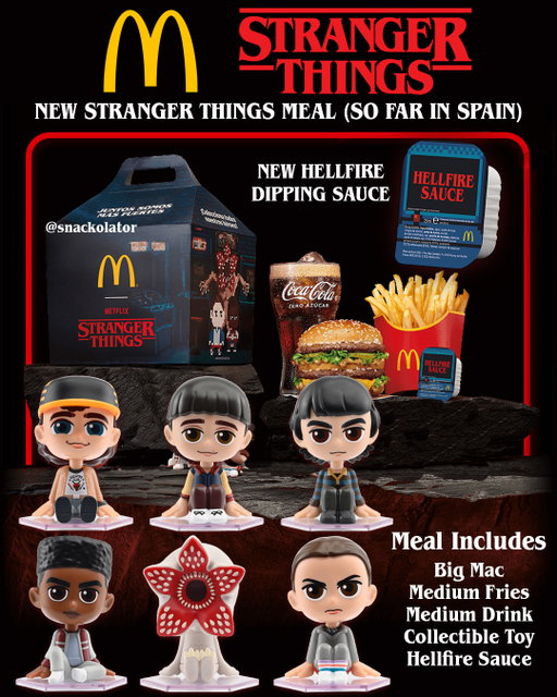 McDonald's is rolling out a Stranger Things collab with a new Hellfire Sauce, collectible toys, and special packaging!

This one so far is in Spain but a few other countries are already teasing it too so I'm *hoping* maybe this comes to the US... there has to be a collab with a fast food chain here for the final season!

The meal includes a Big Mac, medium fries, medium drink, Hellfire Sauce, and then a blind box that includes one of Dustin, Eleven, Lucas, Mike, Will, or a Demogorgon.

Would you want to see the McDonald's x Stranger Things meal come to the US? I am very hopeful *someone* is doing a collab here!

.

.

.

.

#mcdonalds #strangerthings #fastfood #strangerthings5 #macdonalds