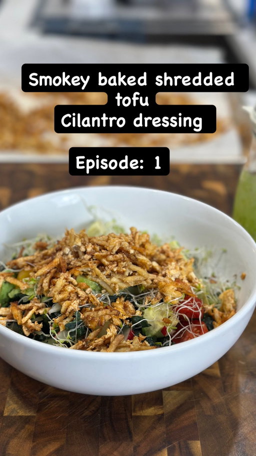 My current obsession 

Episode 1 — this salad! Crispy smokey shredded tofu, fresh greens, and a zesty cilantro dressing that ties it all together. It’s simple, high in protein, and ridiculously good. You’ll catch me making this on repeat. 💚 
Cilantro Dressing 

Ingredients:
	•	1 large handful fresh cilantro leaves, hard stems removed
	•	¼ cup olive oil
	•	½ lemon, juiced
	•	1 garlic clove
	•	1 tbsp nutritional yeast
	•	1 tsp maple syrup
	•	1 tsp apple cider vinegar
	•	Salt, to taste
	•	(Optional)  scotch bonnet pepper, seeds removed — for a little heat

Instructions:
	1.	Add all ingredients to a blender or food processor.
	2.	Blend until smooth and creamy, scraping down the sides as needed.
	3.	Taste and adjust — add more lemon juice for brightness, maple syrup for balance, or salt to enhance flavor. Add a little water for less creamy texture. 
	4.	Store in a sealed jar in the refrigerator for up to 5 days. 

Smokey Shredded Oven Tofu

Ingredients:
	•	1 block extra-firm tofu, pressed to remove excess water
	•	1 ½ tbsp liquid aminos
	•	½ tsp liquid smoke (adjust to taste)
	•	1 tsp garlic powder
	•	1 tsp smoked paprika
	•	1 tbsp grapeseed oil

Instructions:
	1.	Preheat your oven to 375°F (190°C) and line a baking sheet with parchment paper.
	2.	Use a box grater to shred the tofu. 
	3.	Option #1 
In a bowl, whisk together liquid aminos, liquid smoke, garlic powder, smoked paprika, and grapeseed oil.
	4.	Add the shredded tofu to the bowl and toss well to evenly coat each piece.
	5.	Spread the tofu out evenly on the parchment-lined baking sheet in a single layer.
Option #2 
Spread tofu on parchment lined baking sheet then individually add each ingredient. 
	6.	Bake for 20–30 minutes, stirring halfway through, until the tofu is golden, crispy on the edges, and slightly chewy in the center.
	7.	Remove from the oven and let cool slightly before serving. 

#saladseries #veganrecipes #healthyobsession #tofu #cilantrodressing #myvegankitchenlife