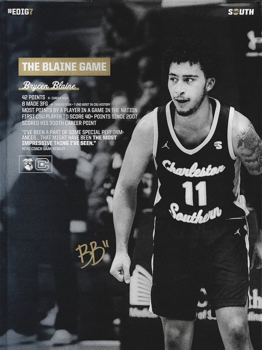 The Blaine Game.

Monday night at The Citadel, 𝑩𝑹𝒀𝑪𝑬𝑵 𝑩𝑳𝑨𝑰𝑵𝑬 scored the most points by a college basketball player so far this season. Not only did he score it himself, he grabbed 11 rebounds and dished out 8 assists in the process — leaving McAlister Field House with a victory that put the Lowcountry and nation on notice.

42 Points (most points by a Buccaneer since 2007)
11 Rebounds (team-high)
8 Assists (career-high)
8 Made 3FG (career-high)

#EDIG7 | @brycenblaine1