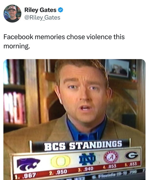 On this day in 2012, the BCS rankings show revealed that 10-0 Kansas State was #1 and 10-0 Oregon was #2.

The next week, both the #1 Wildcats and the #2 Ducks went down, allowing for Notre Dame and Alabama to eventually make it into the National Championship.

(H/T Riley_Gates)