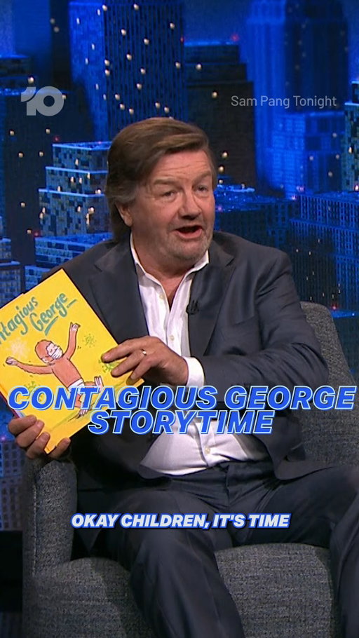 Storytime with @lawrencemooney 

That's right, Contagious George is now a picture story book 🐒📖

#SamPangTonight | Stream Free on @channel10au