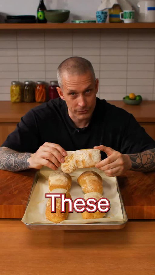 Ciabatta Rolls 🥖

Ingredients
600g (4 cups) bread flour
475ml warm water (32°C/90°F)
12g (2½ tsp) cooking salt (kosher salt)
40ml (¼ cup) olive oil
7g (2¼ tsp) dry yeast
Sea salt

Method
Step 1: Prep and proof dough
Place the yeast in a large bowl and mix in water until dissolved.
Pour in the oil and add the flour and salt. Mix until just combined and the flour is hydrated. 
Cover the bowl with a tea towel and let it rest for 30 minutes.
Step 2: Stretch and fold the dough 
Uncover the dough, then with a wet hand, stretch one corner of the dough and fold it over itself. Repeat 4 times until the dough is completely folded over itself. 
Cover again with a tea towel and let it rest for another 20 minutes. Repeat this process three more times.
After the fourth and final round of stretching and folding, let the dough rest for 20 minutes. 
Step 4: Bake
Preheat the oven to 220°C (428°F).
Line 2 large baking trays with baking paper. Turn dough out onto a lightly floured work surface. 
Gently stretch out the dough to an even thickness and lightly flour the top. 
Cut into 8 rectangle portions and transfer to prepared trays, leaving space in between each one for rising and spreading. 
Cover lightly with a tea towel and leave for 30 minutes to proof. 
Uncover and bake the rolls for 20-25 minutes, until golden. 
Transfer the rolls from tray to a wire rack to cool before slicing open
#bread