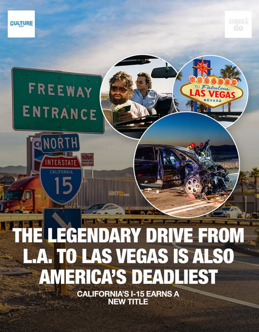 How about that drive in?

A new analysis of federal crash data found California’s I-15 to be the deadliest highway in America, with 80 fatal crashes in just three years.

Experts blame a mix of exhaustion, speeding, and endless desert roads that lull drivers into riskier habits.

California actually holds three of the top ten spots on the list, reminding us that even in a state with some of the safest cars on earth, it’s still human behavior behind the wheel that decides the odds.

Follow @culturecuttravel × @culturecutdrive × @mustdola for exclusive original content, giveaways, and more of the good stuff you just saw.

Media via IMDB/Shutterstock

#culturecuttravel #california #mustdolosangeles #lahighways #latraffic #i15 #lasvegas
