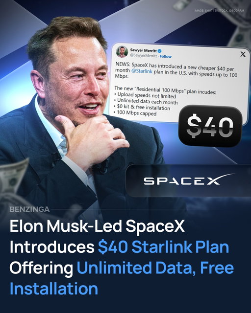 SpaceX's satellite-based internet service provider, Starlink, has unveiled a new affordable plan in the U.S.

Influencer Sawyer Merritt shared details of the new plan on Tuesday on the social media platform X. Starlink's new "Residential 100 MBPS" plan offers unlimited data, no installation charges and no limit on upload speeds. The download speeds for the plan would be capped at 100 mb/s. The plan is currently available in select areas of the U.S.

The new plan further expands Starlink's Residential plan lineup, which now starts at $40. The service continues to offer existing plans to customers, charging $80/month for the Residential Lite package and $120/month for the Standard Residential plan.

Following the announcement, SpaceX CEO Elon Musk took to the social media platform X to hail the new plan. "Super good Starlink internet deal available in parts of the US that are not already at full capacity!" Musk said in his post.

Unlock our premium newsletters for free - just DM or comment the word “news.”