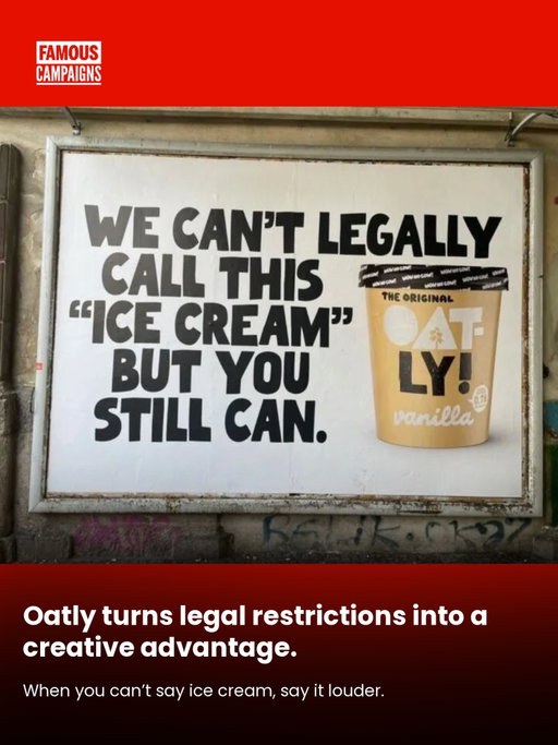 Oatly turning legal restriction into a creative advantage. 

When you can’t say ice cream, say it louder. 

💡@oatly