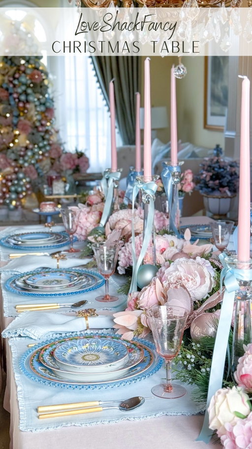 Grandmillennial Christmas: LoveShackFancy inspired 🥰🩵💕✨

#ad These beautiful pastel linens from @solinohome set the perfect stage for this LSF dinner party! The Juliette linens in Ice Water are the perfect shade of blue to complement my Famille Rose dinnerware collection, and can we take a moment to admire the ruffles?! Their classic hemstitch tablecloth in pink also creates the perfect base for this romantic setting. Butterflies, blue bows and pink florals are just a few little details that add to the whimsical charm here. What is your favorite detail? Let me know in the comments!

✔️Comment LINK for a DM to shop this post, including my gorgeous linens from Solino Home! 🎀🩵✨

.
.
.
.
.
.

#loveshackfancy #tablescape #grandmillennialstyle #shabbychic #pinkaesthetic #dinnerparty #holidayentertaining #christmas2025