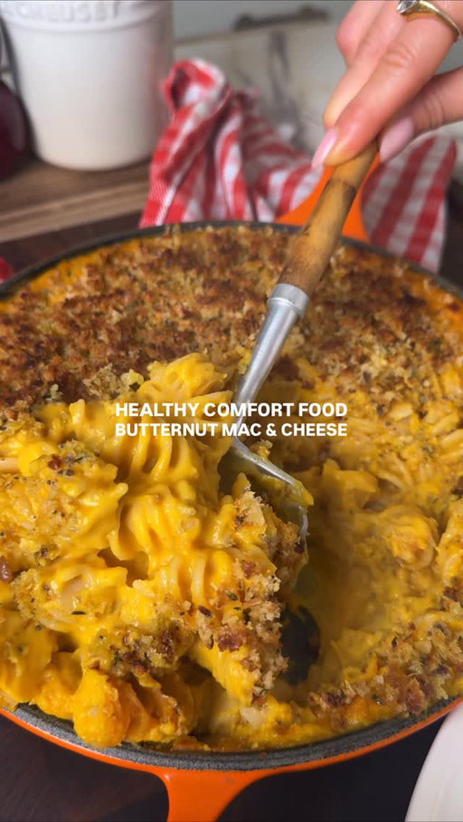 HEALTHY COMFORT FOOD BUTTERNUT MAC AND CHEESE 
 
AD One of my original recipes I’ve been doing for years, and a dish I love to bring out this time of year. Perfect comfort food, make for sharing and perfect for using all the lovely M&S Eatwell ingredients. 
 
You will need to serve 4 
 
Ingredients 
1 whole butternut squash 
200g pasta 
600ml milk of choice
1 heaped tbsp plain flour 
1 tbsp olive oil 
1 tsp honey (optional) 
40g grana pandano  
40g cheddar cheese 
1  stock cube
 
1 slice seeded bread, approx 60g
2 sprigs of thyme 
1 tsp garlic granules 
1 tsp olive oil
 
 
Cut the butternut squash in half. Score. Place in a baking dish or air fryer basket. Drizzle with olive oil, season with salt, pepper. Roast at 190°C fan for 35-45 minutes until soft and golden.
 
Make the cheese sauce by heating 1 generous tbsp of olive oil and 1 tbsp of plain flour over medium heat. Cook gently for 3-5 minutes. Gradually whisk in cold milk in 200ml portions until you’ve used all the milk. Let the sauce gently simmer for 10 minutes. turn off heat. Add grated cheese, 1 tsp honey, a crumbled stock cube, and black pepper. 

Remove the squash, increase the oven temperature to 200°C fan 

Meanwhile, parboil the pasta in salted water. Rinse with cold water to remove starch and set aside. Pulse bread with garlic, thyme, set aside.
 
Blend the butternut squash into the cheese sauce until smooth. Season to taste; the sauce should be pourable but not too thick. Combine the sauce with the pasta then transfer to a baking dish. Top with breadcrumbs and bake for 15 minutes in the oven until bubbling and golden. You can turn on the grill to speed this up if needed. 
 
Serve immediately with a generous side salad.

#healthyrecipes #healthyfood #pasta