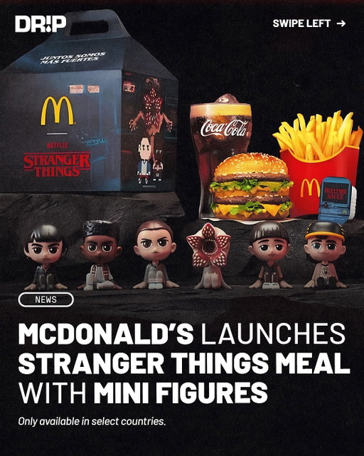 McDonald’s has teamed up with Stranger Things ‼️

The meal features a Big Mac, medium fries, medium drink, Hellfire Sauce, and blind boxes including Dustin, Eleven, Lucas, Mike, Will, or a Demogorgon.

Available in Spain with other countries teasing a potential release as well. Should they bring this to US locations ⁉️