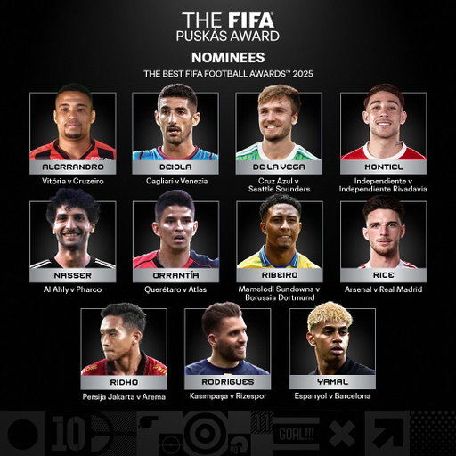 The FIFA Puskás Award 2025 nominees! 💫

🗳️ Go to FIFA.com to cast your vote.

🎥 Campeonato Brasileiro Série A, and Globo, Serie A, Major League Soccer, Liga Profesional de Fútbol, Egyptian Pro League, UEFA, iLeague, BeIN & Digiturk, La Liga