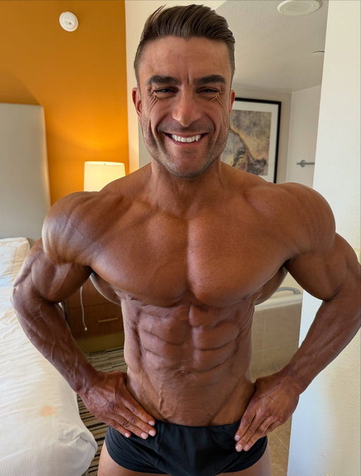 Morning of the @mrolympiallc, third @protan_official coat on and dried, almost ready for battle 👊🏼 final checks before heading over to the convention centre. Grinning from ear to ear knowing I’d done my very best and that’s all I could of asked for… body responded well and nothing left to do but to showcase it on stage ⭕️😊