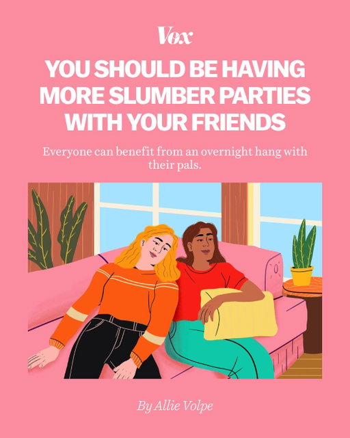 The humble sleepover is a youthful rite of passage that gradually becomes less thrilling as you age.

But as the constraints and responsibilities of adulthood mount, and spending time with friends falls lower on the priority list, there’s a case to be made for the sleepover — a purely platonic hangout among friends who simply want to see more of each other. Not to be confused with those of the sexual kind, the platonic adult sleepover ones are particularly attractive to young-ish women without children who crave deeper connection with their friends (and have the time and resources to do so). 

Men, on the other hand, who tend to bond over activities rather than emotions, may find purposefully inviting a friend to spend the night awkward and juvenile. But they could stand to benefit from something as seemingly silly as a sleepover. And they sometimes do, in the case of camping, multiday conventions, and other activity-based overnight excursions.

Dedicating several hours to a pal in as intimate a location as possible sets the scene for more vulnerable conversations. Even if the itinerary for the evening falls on the banal side — eating, watching TV, sleeping — simply living alongside another person can bring you closer.

Read more at the link in our bio. 

🎨: Getty Images